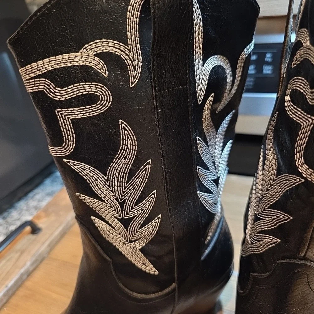 Contrast Embroidered Black‎ Leather Western Boots Oasis Society EXCELLENT